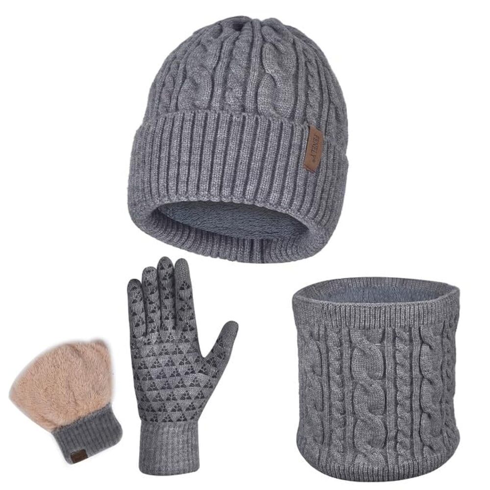 4639 Beanie Hat Gloves Scarf Set Winter Warm Knit Knitted Neck Warmer